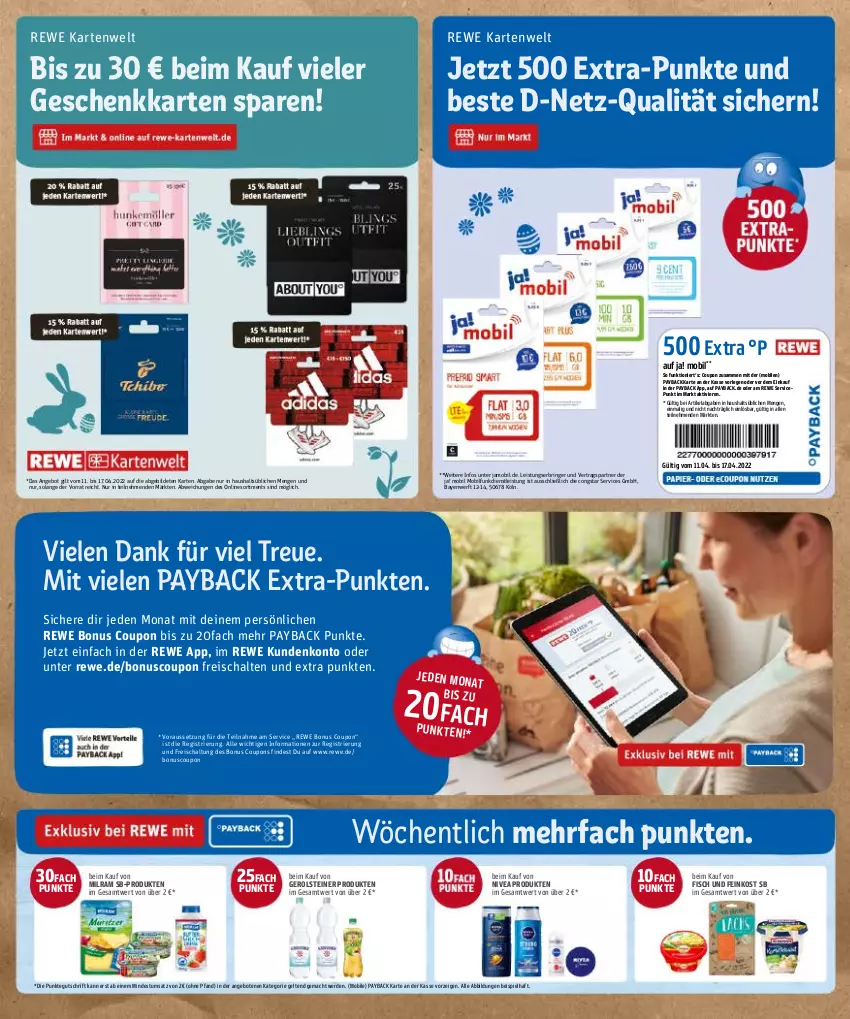 Aktueller Prospekt Rewe - Diese Woche im Angebot! - von 11.04 bis 16.04.2022 - strona 11 - produkty: angebot, angebote, congstar, coupon, coupons, eis, erde, feinkost, fisch, gerolsteine, gerolsteiner, mac, milram, nivea, payback, reis, ring, Schal, steiner, Ti