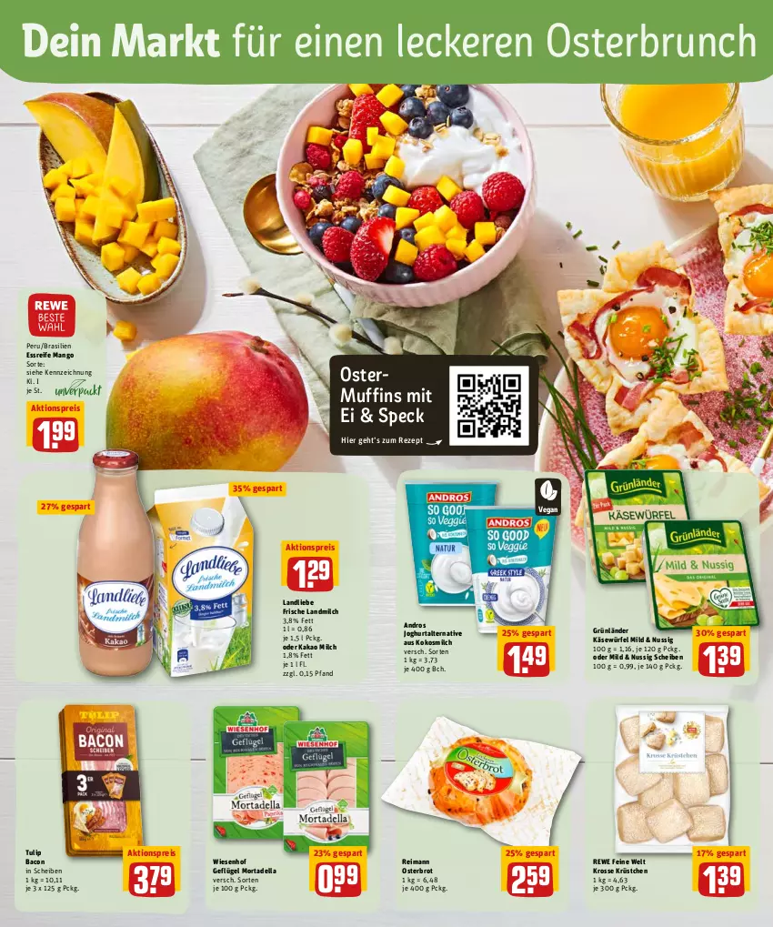 Aktueller Prospekt Rewe - Diese Woche im Angebot! - von 11.04 bis 16.04.2022 - strona 14 - produkty: aktionspreis, bacon, brot, dell, eis, Geflügel, grünländer, joghur, joghurt, kakao, Käse, kokos, kokosmilch, landliebe, landmilch, mango, milch, mortadella, Muffin, muffins, nuss, reis, rewe feine welt, rezept, Speck, Ti, tulip, wiesenhof, würfel