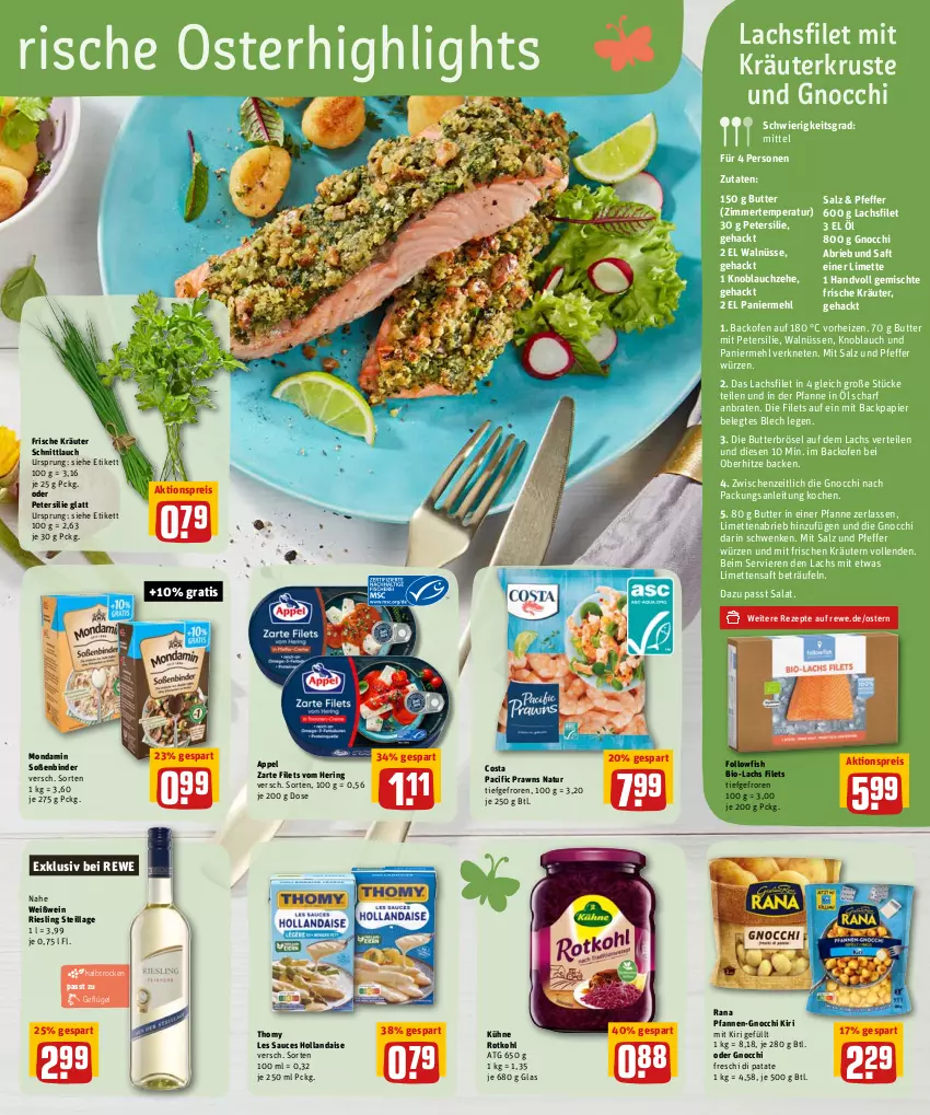 Aktueller Prospekt Rewe - Diese Woche im Angebot! - von 11.04 bis 16.04.2022 - strona 17 - produkty: aktionspreis, backofen, bio, braten, brie, butter, Cif, eis, filet, filets, followfish, Geflügel, gnocchi, hering, hollandaise, kiri, knoblauch, kräuter, kräutern, Kühne, lachs, lachsfilet, limette, limetten, mehl, Mett, metten, mondamin, natur, Ofen, Paniermehl, papier, petersilie, pfanne, pfannen, pfeffer, prawns, Rana, reis, rezept, rezepte, riesling, ring, rotkohl, saft, salat, salz, sauce, schnittlauch, Soße, thomy, thomy les sauces, Ti, wein, Weißwein