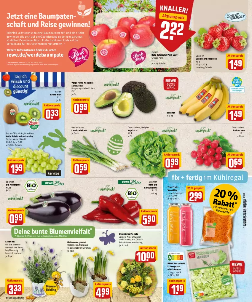 Aktueller Prospekt Rewe - Diese Woche im Angebot! - von 11.04 bis 16.04.2022 - strona 2 - produkty: aktionspreis, aubergine, avocado, avocados, banane, bananen, Bau, beere, beeren, bio, blume, blumen, eis, eisbergsalat, elle, erdbeere, erdbeeren, erde, gewinnspiel, gin, kiwi, kopfsalat, kräuter, kräutern, kühlregal, Lauchzwiebel, lauchzwiebeln, lavendel, LG, möhren, obst, paprika, pflanze, pflanzen, Pink Lady, radieschen, regal, reis, rewe beste wahl, rote tafeläpfel, salat, Schal, Schale, smoothie, Spitzpaprika, stifte, tafeläpfel, tafeltrauben, Ti, topf, trauben, true fruits, zwiebel, zwiebeln