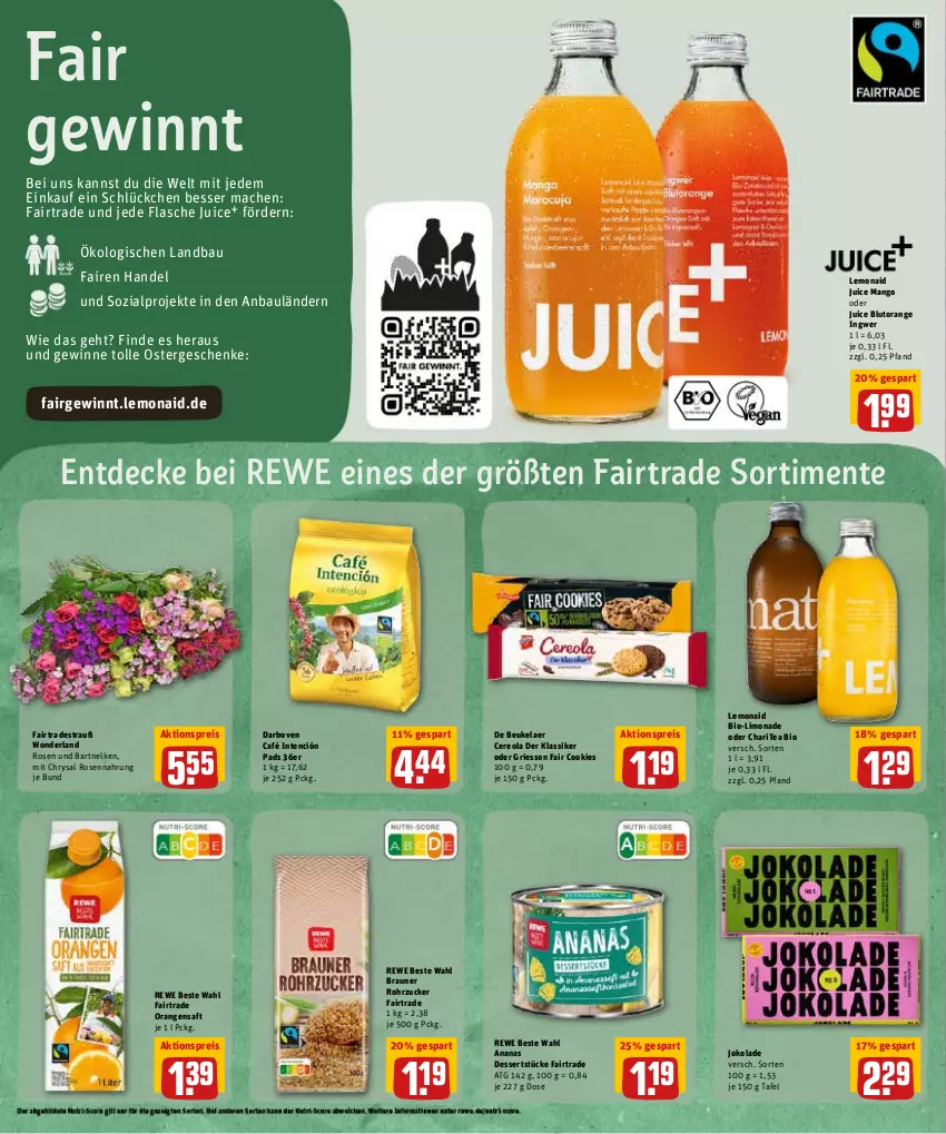 Aktueller Prospekt Rewe - Diese Woche im Angebot! - von 11.04 bis 16.04.2022 - strona 20 - produkty: aktionspreis, alpro, ananas, Bau, bio, Blutorange, braun, cookie, cookies, darbo, darboven, de beukelaer, decke, dessert, desserts, eis, ente, flasche, griesson, ingwer, limo, limonade, mac, mango, orange, orangen, orangensaft, reis, rewe beste wahl, rohrzucker, rosen, saft, Ti, zucker