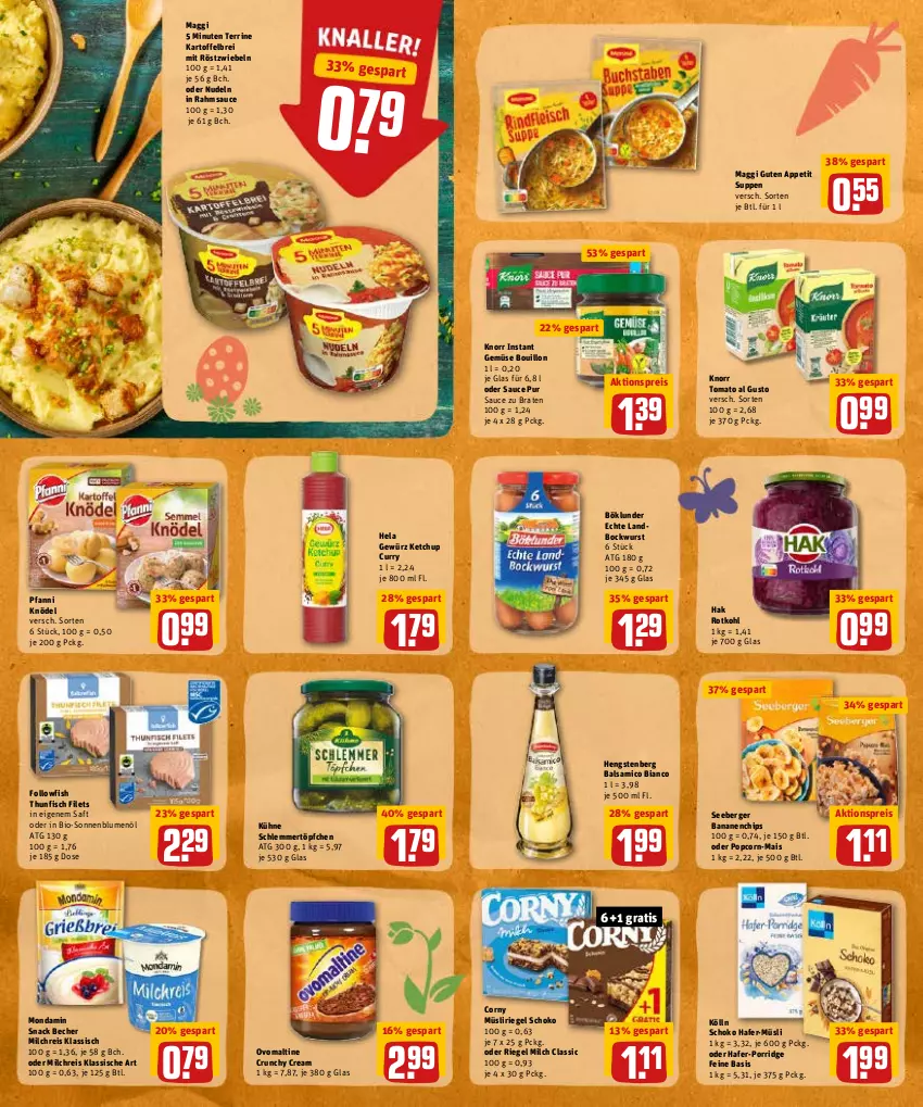 Aktueller Prospekt Rewe - Diese Woche im Angebot! - von 11.04 bis 16.04.2022 - strona 22 - produkty: aktionspreis, balsam, balsamico, balsamico bianco, banane, bananen, Becher, Berger, bio, blume, blumen, blumenöl, bockwurst, böklunder, braten, Brei, chips, corny, curry, eis, filet, filets, fisch, followfish, gewürz, hafer, Hela, hengstenberg, kartoffel, kartoffelbrei, ketchup, Knödel, knorr, kölln, Kühne, maggi, mais, milch, milchreis, mit röstzwiebeln, mondamin, müsli, Müsliriegel, nudel, nudeln, ovomaltine, pfanni, popcorn, porridge, reis, riegel, röstzwiebeln, rotkohl, saft, sauce, schlemmertöpfchen, schoko, seeberger, snack, sonnenblume, sonnenblumen, sonnenblumenöl, suppe, suppen, terrine, thunfisch, thunfisch filets, Ti, tomato al gusto, Töpfchen, wurst, zwiebel, zwiebeln