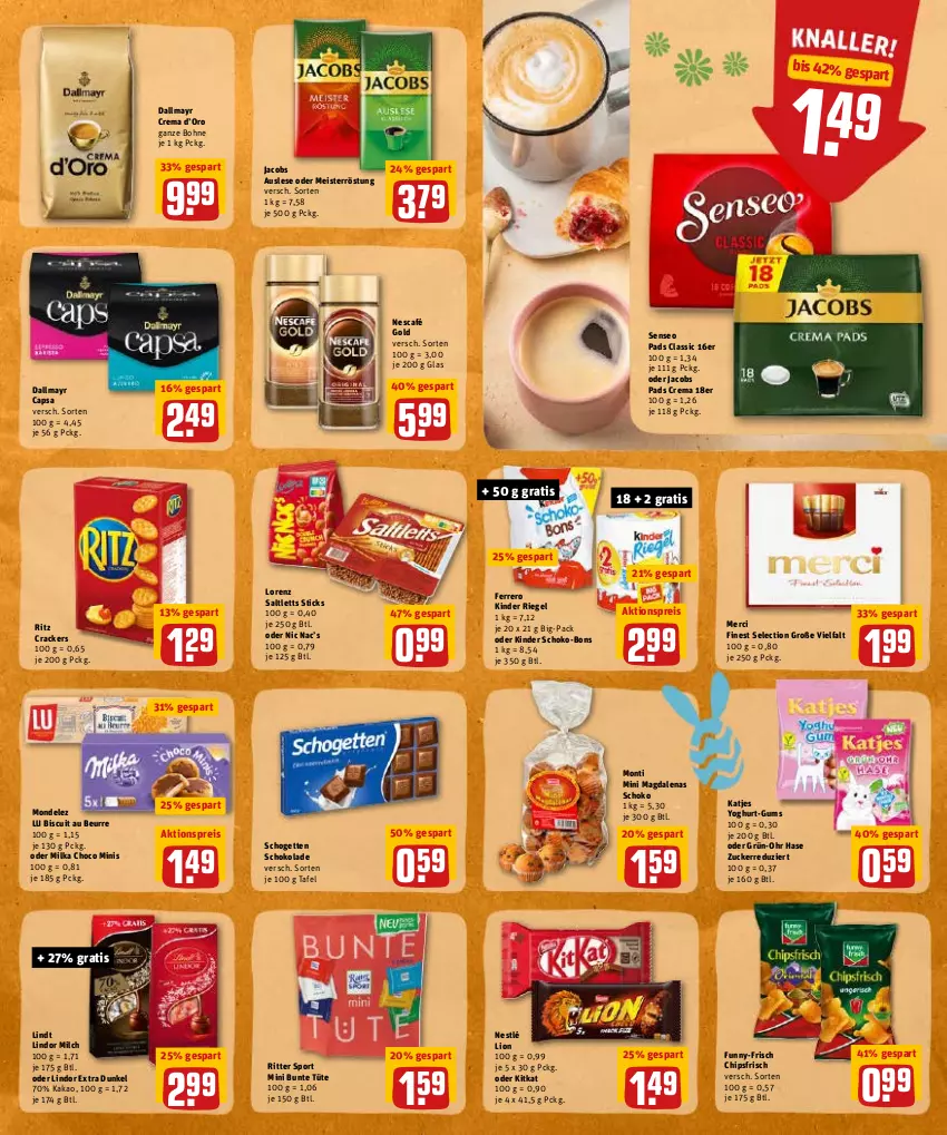 Aktueller Prospekt Rewe - Diese Woche im Angebot! - von 11.04 bis 16.04.2022 - strona 23 - produkty: aktionspreis, bohne, Cap, chips, chipsfrisch, cracker, dallmayr, dallmayr capsa, eis, ferrero, funny-frisch, jacobs, kakao, katjes, Kinder, kinder riegel, kitkat, lindor, lindt, lion, lorenz, Meister, meisterröstung, merci, milch, milka, mondelez, Nescafé, nescafé gold, nestlé, oder jacobs, reis, riegel, ritter, ritter sport, saltletts, schogetten, schoko, schoko-bons, schokolade, senseo, senseo pads, Sport, Ti, Tüte, Yo, yoghurt, zucker