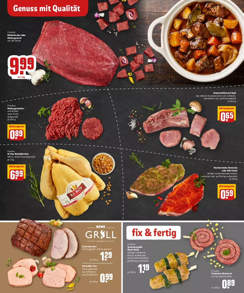 Aktueller Prospekt Rewe - Diese Woche im Angebot! - von 11.04 bis 16.04.2022 - strona 4 - produkty: aktionspreis, braten, bratwurst, eis, erde, filet, fleisch, geback, gewürz, grill, gulasch, Käse, krustenbraten, lack, mais, Nackensteak, nackensteaks, nuss, oder rindergulasch, reis, rind, rinder, rinderbraten, rindergulasch, rindfleisch, saft, schwein, schweine, schweinefilet, schweinefleisch, schweinenacken, steak, steaks, Ti, tuc, wein, weine, wurst, zucchini