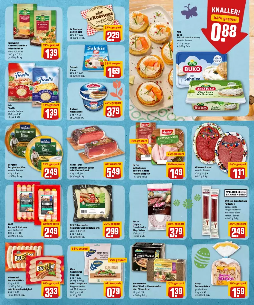 Aktueller Prospekt Rewe - Diese Woche im Angebot! - von 11.04 bis 16.04.2022 - strona 8 - produkty: aktionspreis, arla, arla buko, auer, Bau, Bauer, bergader, bites, bratwurst, brot, bruzzzler, Buko, camembert, cheddar, cracker, eis, finello, frischkäse, frischkäsezubereitung, Frühstücksspeck, galbani, gin, hausmarke, herta, Käse, kerrygold, knäckebrot, Le Rustique, mac, mascarpone, mestemacher, Mett, natur, Pumpernickel, reis, rewe hausmarke, ring, rostbratwurst, saft, saftschinken, salakis, salami, schinken, schnitten, Speck, Ti, wasa, wiesenhof, wiltmann, wurst, würstchen