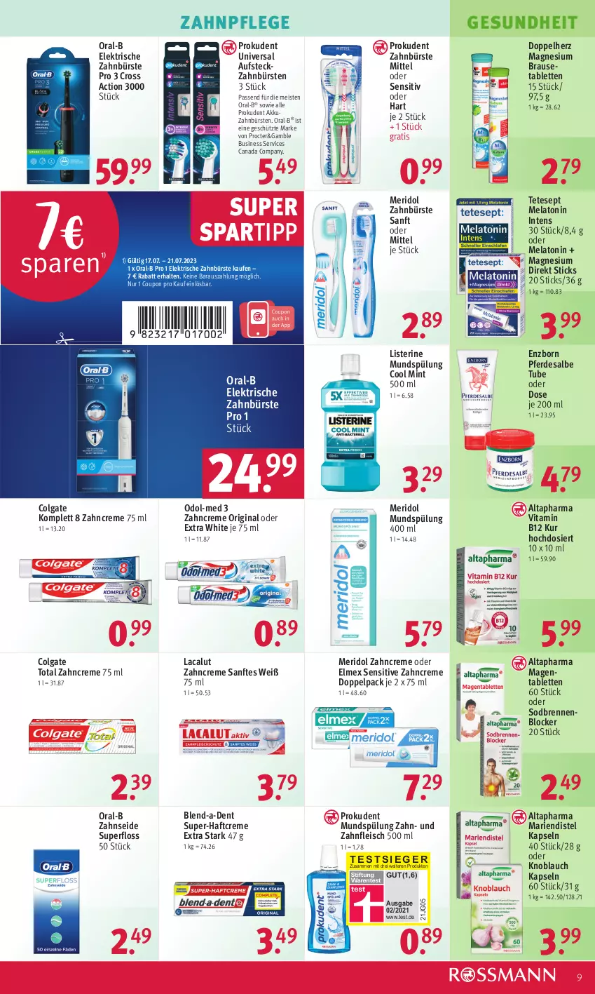 Aktueller Prospekt Rossmann - Prospekte - von 17.07 bis 21.07.2023 - strona 11 - produkty: akku, Altapharma, brause, Brausetabletten, bürste, bürsten, colgate, colgate total, coupon, creme, cross action, doppelherz, eis, elektrische zahnbürste, elmex, erde, fleisch, Gesundheit, gin, Haftcreme, knoblauch, Lacalut, LG, listerine, magnesium, meridol, mint, mundspülung, Odol, Odol-med 3, oral-b, Prokudent, spartipp, spülung, tablet, tablett, Tablette, Ti, vita, Vitamin B, zahnbürste, zahnbürsten, zahncreme, Zahnseide, ZTE