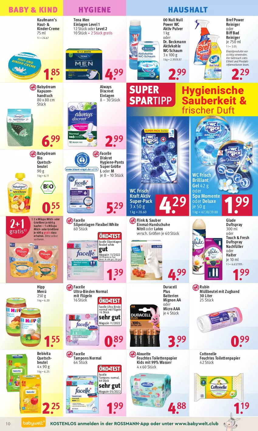 Aktueller Prospekt Rossmann - Prospekte - von 17.07 bis 21.07.2023 - strona 12 - produkty: alouette, Alwa, Always, auer, babydream, Bad, batterie, batterien, bebivita, beutel, biff, binden, bio, biozidprodukte, Bref, bref power, Brei, cottonelle, creme, Discreet, Dr. Beckmann, Duftspray, elle, Engel, ente, Facelle, feuchtes toilettenpapier, Glade, handschuhe, handtuch, hipp, Hygiene-Pants, Kinder, kraft, magazin, milch, milupa, müllbeutel, Pants, papier, quetschbeutel, Rauch, reiniger, Rubin, rwe, schuhe, slip, slipeinlagen, spartipp, Tampon, tampons, Tena Men, Ti, Tiere, toilettenpapier, tuc, Ultra-Binden, vita, wasser, wc frisch, WC Frisch Kraft Aktiv