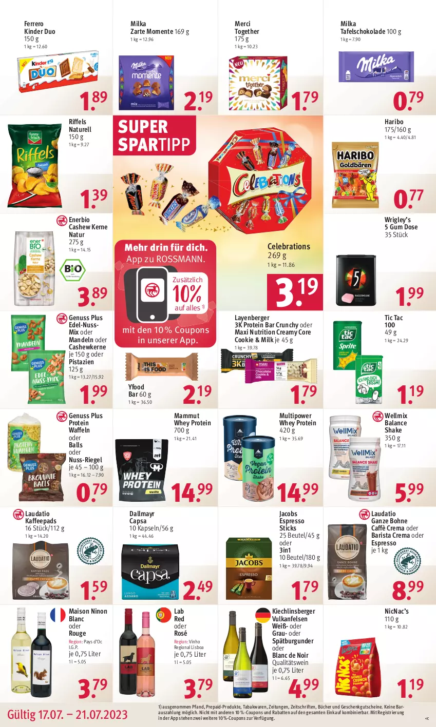 Aktueller Prospekt Rossmann - Prospekte - von 17.07 bis 21.07.2023 - strona 14 - produkty: ball, Berger, beutel, bio, bohne, burgunder, caffè crema, Cap, Cashew, cashewkerne, cookie, coupon, coupons, dallmayr, dallmayr capsa, ente, espresso, ferrero, gutschein, gutscheine, haribo, jacobs, kaffee, kaffeepads, Kinder, mais, mam, mandel, mandeln, merci, milka, natur, nuss, Nussmix, oder espresso, pistazien, qualitätswein, rel, riegel, rouge, schoko, schokolade, shake, spartipp, spätburgunder, tafelschokolade, Ti, waffeln, wein