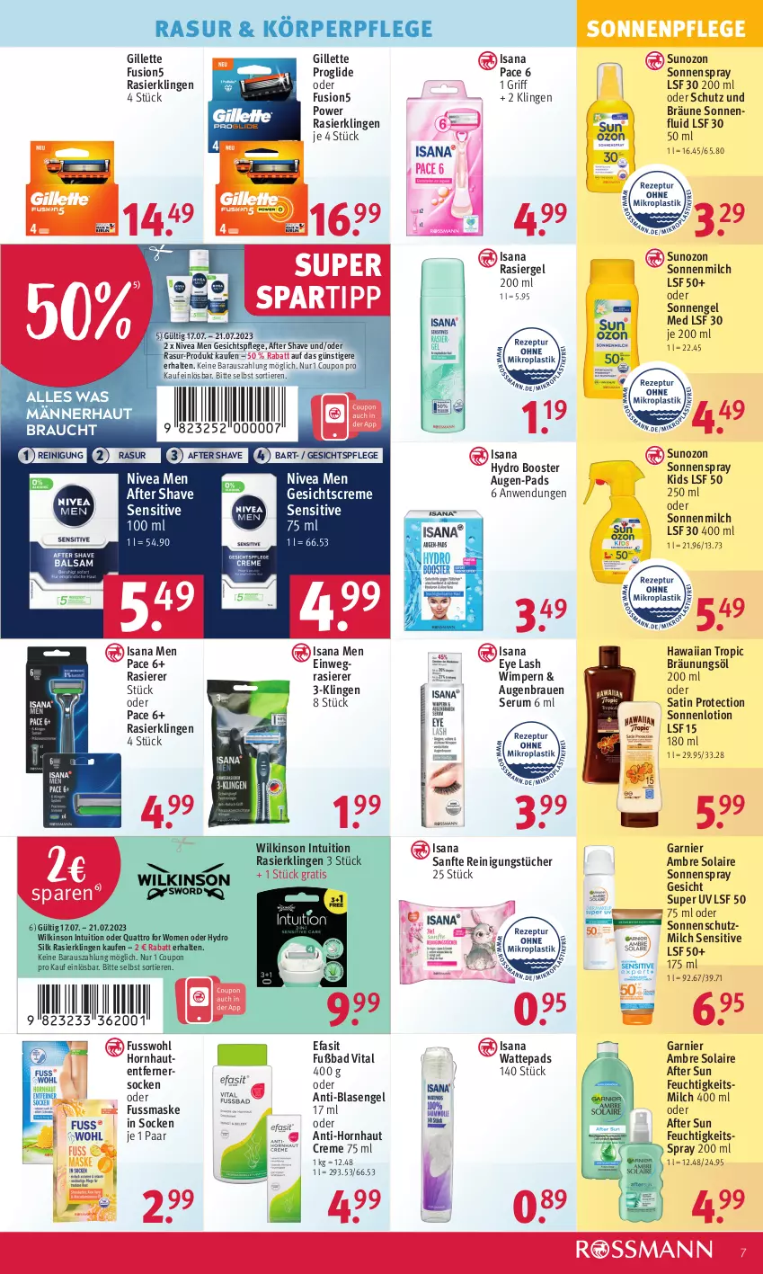 Aktueller Prospekt Rossmann - Prospekte - von 17.07 bis 21.07.2023 - strona 9 - produkty: after shave, after sun, Ambre Solaire, Bad, Bräunungsöl, coupon, creme, Efasit, einwegrasierer, Engel, fusion5, Fusswohl, garnier, Gesichtscreme, gesichtspflege, gillette, isana, körperpflege, Lotion, Maske, milch, nivea, Nivea Men, rasierer, rasiergel, Rasierklinge, rasierklingen, Rauch, Reinigung, reinigungstücher, rum, sana, Serum, socken, sonnenmilch, sonnenschutz, sonnenspray, spartipp, Ti, Tiere, tücher, vita, wattepads, wilkinson