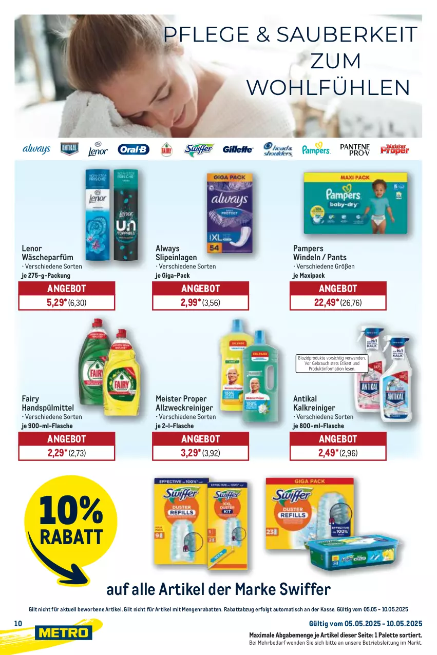 Aktueller Prospekt Metro - Starke Marken - von 05.05 bis 10.05.2025 - strona 10 - produkty: allzweckreiniger, Alwa, Always, angebot, auto, eis, fairy, flasche, Kalkreiniger, lenor, LG, Meister, meister proper, Palette, pampers, Pants, reiniger, slip, slipeinlagen, spülmittel, swiffer, Ti, tisch, wäscheparfüm, weck, windeln