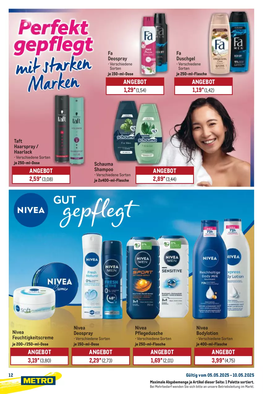 Aktueller Prospekt Metro - Starke Marken - von 05.05 bis 10.05.2025 - strona 12 - produkty: angebot, arla, body, bodylotion, creme, deo, deospray, dusche, duschgel, fa duschgel, feuchtigkeitscreme, flasche, Haarlack, haarspray, lack, Lotion, nivea, Palette, pflegedusche, schauma, schauma shampoo, shampoo, Taft, Ti