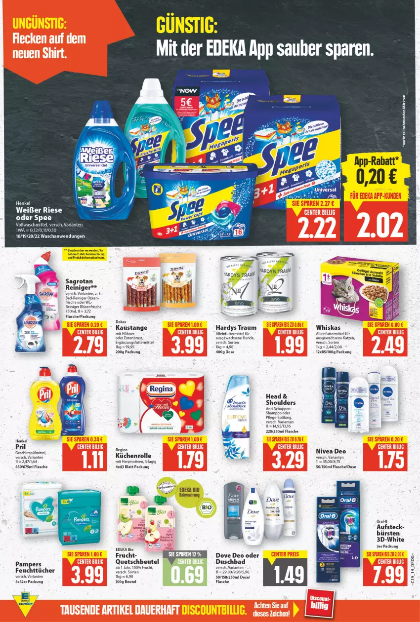 Aktueller Prospekt E Center - Angebote der Woche - von 09.05 bis 14.05.2022 - strona 13 - produkty: alleinfuttermittel, aust, Babynahrung, Bad, Bad-Reiniger, beutel, bio, Blüte, bürste, bürsten, deka, deo, dove, duschbad, edeka bio, ente, Entenbrust, flasche, frucht, geschirr, geschirrspülmittel, gin, henkel, hühner, küche, Küchen, küchenrolle, nivea, oral-b, pampers, pril, quetschbeutel, Rauch, reiniger, Ria, rwe, sagrotan, shampoo, spee, spülmittel, spülung, Ti, tuc, Tucher, vollwaschmittel, waschmittel, whiskas