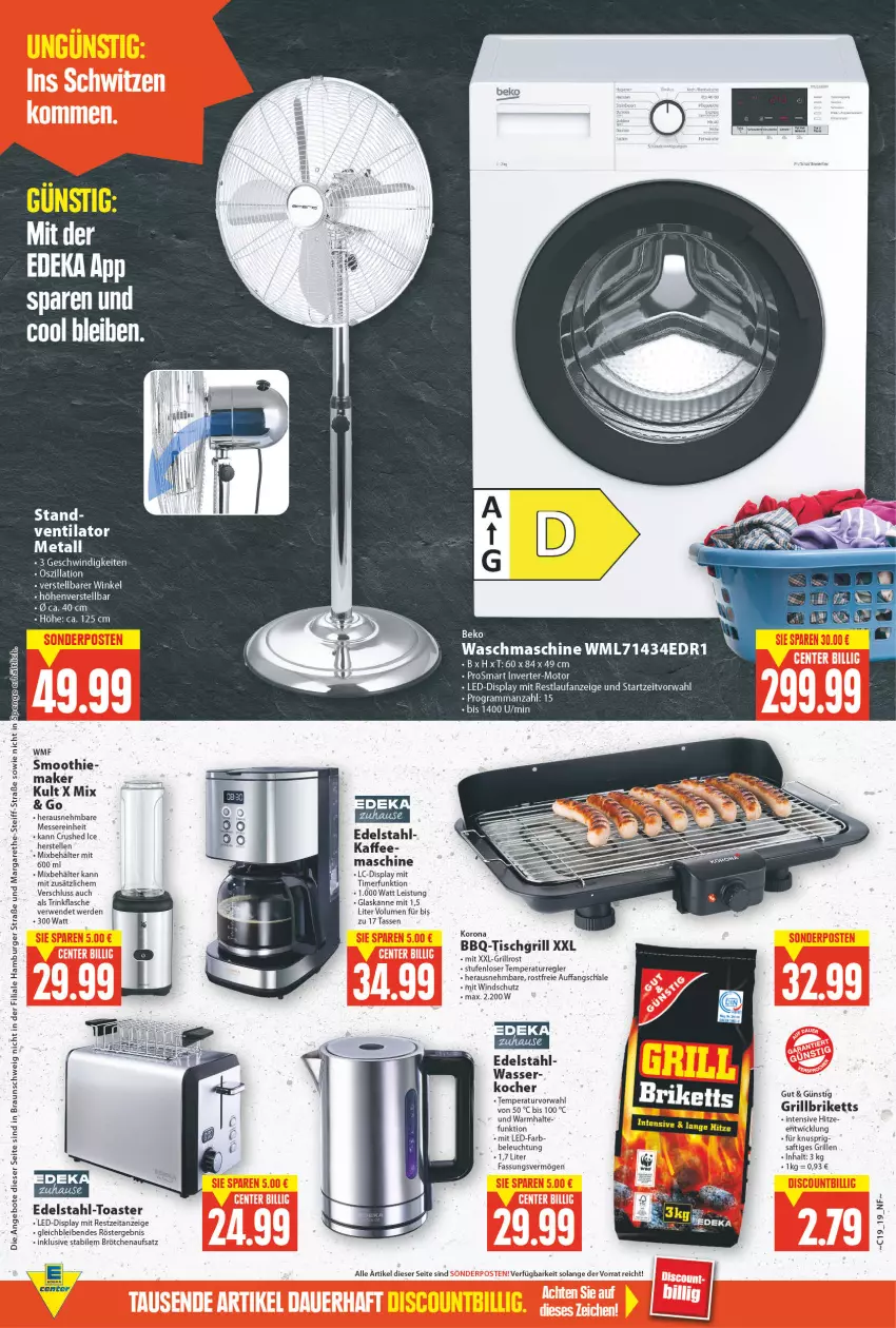 Aktueller Prospekt E Center - Angebote der Woche - von 09.05 bis 14.05.2022 - strona 19 - produkty: angebot, angebote, Behälter, beko, beleuchtung, braun, briketts, brötchen, brötchenaufsatz, burger, crushed ice, deka, edelstahl, eier, eis, elle, erde, flasche, grill, grillbriketts, grillrost, hamburger, kaffee, messer, rwe, saft, smoothie, spee, tasse, Ti, timer, tisch, tischgrill, toast, toaster, trinkflasche, ventilator, waschmaschine, wasser, WICK, Windschutz, WMF