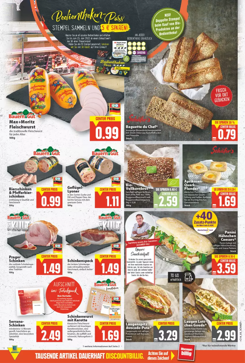 Aktueller Prospekt E Center - Angebote der Woche - von 09.05 bis 14.05.2022 - strona 3 - produkty: angebot, angebote, aprikose, avocado, bier, bierschinken, bio, brot, brötchen, decke, deka, eis, elle, fleisch, fleischwurst, frucht, gouda, grana, grana padano, gurke, hähnchenbrust, Hefe, karotten, Käse, korn, Kürbis, lyoner, mac, mehl, nuss, padano, petersilie, pfeffer, Plunder, pute, putenbrust, quark, Rana, saft, schinken, schinkenspeck, schinkenwurst, schnitten, serrano, snack, snacks, Speck, Spezi, Ti, weizenbrötchen, wurst, Yo