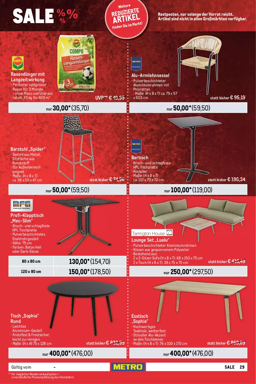 Aktueller Prospekt Metro - Food-NonFood - von 27.06 bis 10.07.2024 - strona 29 - produkty: aluminiumgestell, asti, Bank, Bartisch, beistelltisch, bett, dünger, edelstahl, eis, elle, esstisch, garnitur, Holz, HP, kissen, klapptisch, Kraut, latte, LG, rasen, rasendünger, reis, rückenlehne, sessel, Sofa, stapelsessel, stuhl, teller, Ti, tisch, tischplatte