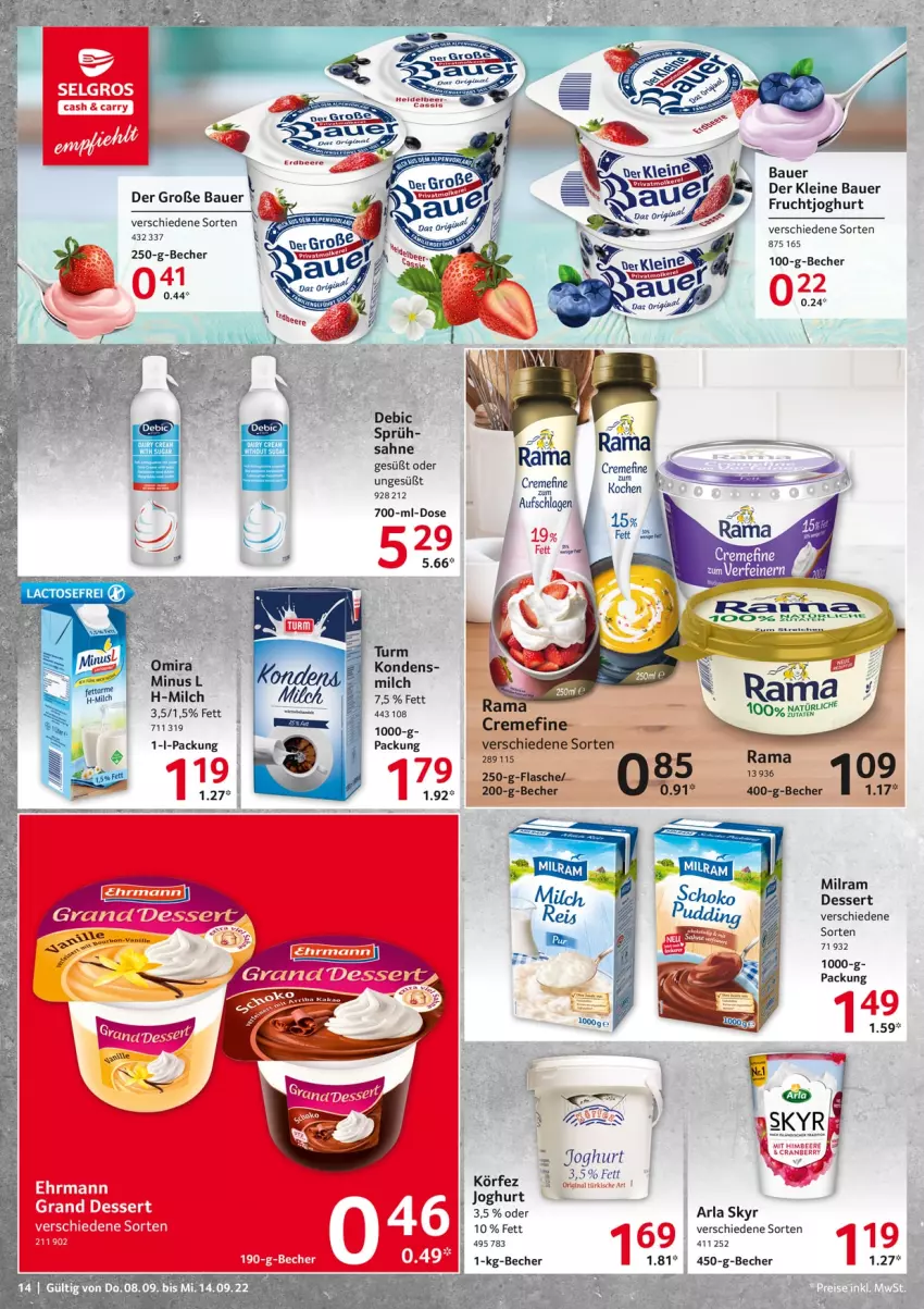 Aktueller Prospekt Selgros - Food - von 08.09 bis 14.09.2022 - strona 14 - produkty: arla, arla skyr, auer, Bau, Bauer, Becher, beere, cranberry, creme, dessert, ehrmann, Ehrmann Grand Dessert, flasche, frucht, fruchtjoghurt, gin, himbeer, himbeere, joghur, joghurt, leine, milch, milram, rama, rama cremefine, sahne, Skyr