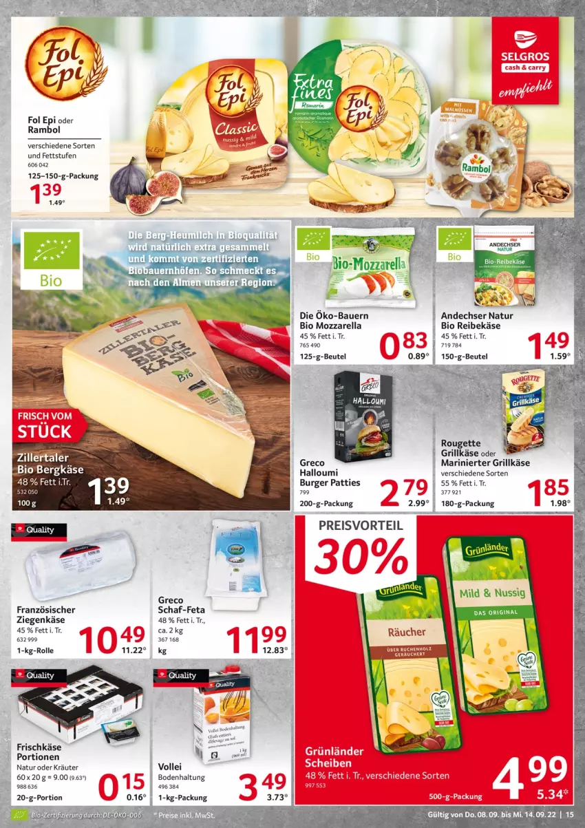 Aktueller Prospekt Selgros - Food - von 08.09 bis 14.09.2022 - strona 15 - produkty: andechser natur, auer, Bau, Bauer, Bergkäse, beutel, bio, buch, burger, eis, feta, fol epi, frischkäse, grill, Grillkäse, grünländer, Halloumi, Holz, Käse, kräuter, LG, mozzarella, natur, nuss, oder kräuter, preisvorteil, Reibekäse, reis, rel, Ti, ziegenkäse