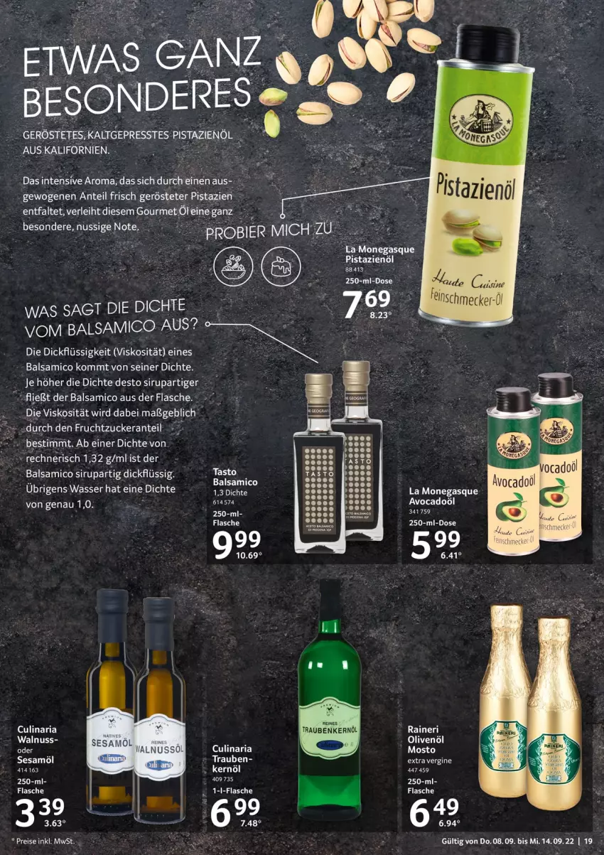 Aktueller Prospekt Selgros - Food - von 08.09 bis 14.09.2022 - strona 19 - produkty: avocado, balsam, balsamico, culinaria, eis, flasche, frucht, gin, nuss, olive, oliven, olivenöl, pistazien, reis, Ria, sesam, Sesamöl, sirup, tee, Ti, trauben, walnuss, wasser, zucker