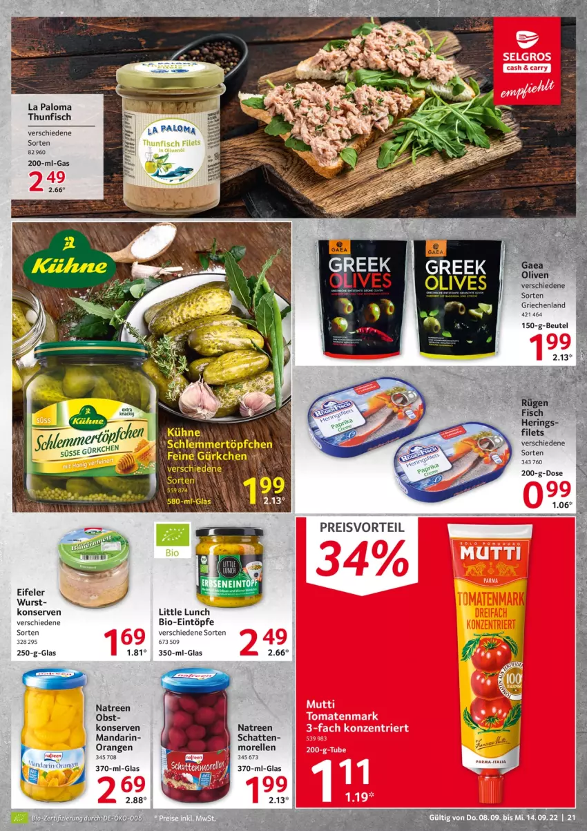 Aktueller Prospekt Selgros - Food - von 08.09 bis 14.09.2022 - strona 21 - produkty: beutel, bio, eintöpfe, eis, elle, fisch, Konserven, miree, morellen, obst, orange, orangen, preisvorteil, reis, rel, schlemmertöpfchen, thunfisch, Töpfchen, wurst