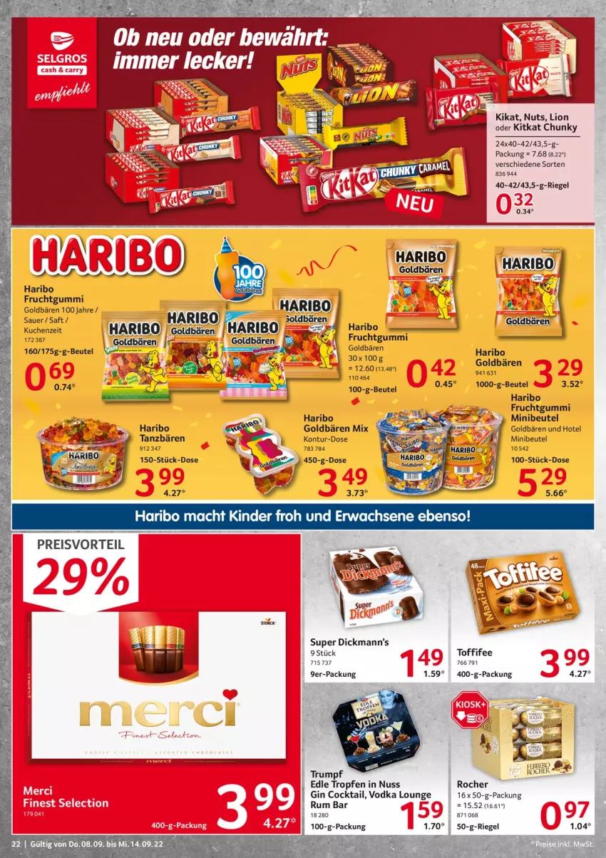 Aktueller Prospekt Selgros - Food - von 08.09 bis 14.09.2022 - strona 22 - produkty: auer, beutel, cocktail, frucht, fruchtgummi, gin, goldbären, haribo, Kinder, kitkat, kuchen, lion, mac, nuss, riegel, rum, saft, Ti, Tiere, toffifee, vodka