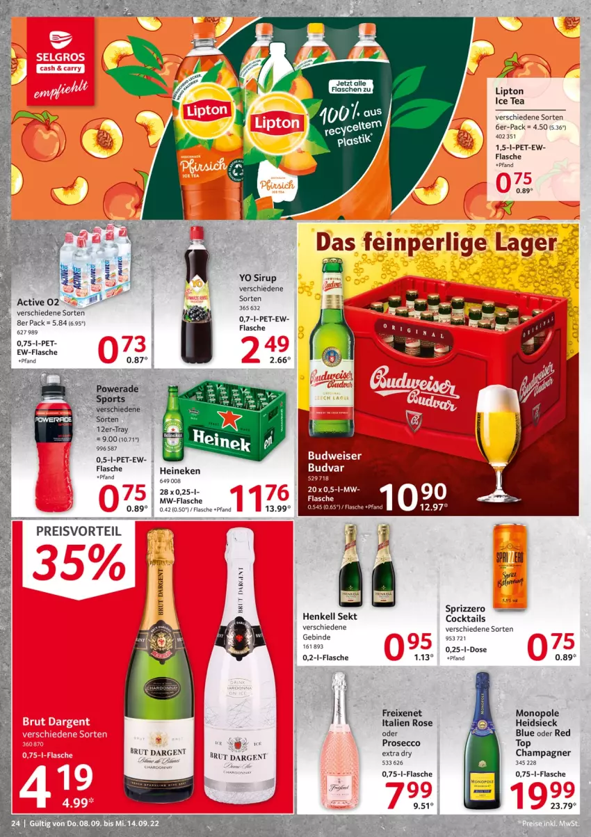 Aktueller Prospekt Selgros - Food - von 08.09 bis 14.09.2022 - strona 24 - produkty: chardonnay, cocktail, cocktails, ecco, flasche, freixenet, heineken, henkel, henkell, henkell sekt, ice tea, lipton, lipton ice tea, mw-flasche, prosecco, sekt, sirup, Sprizz, Ti, Yo