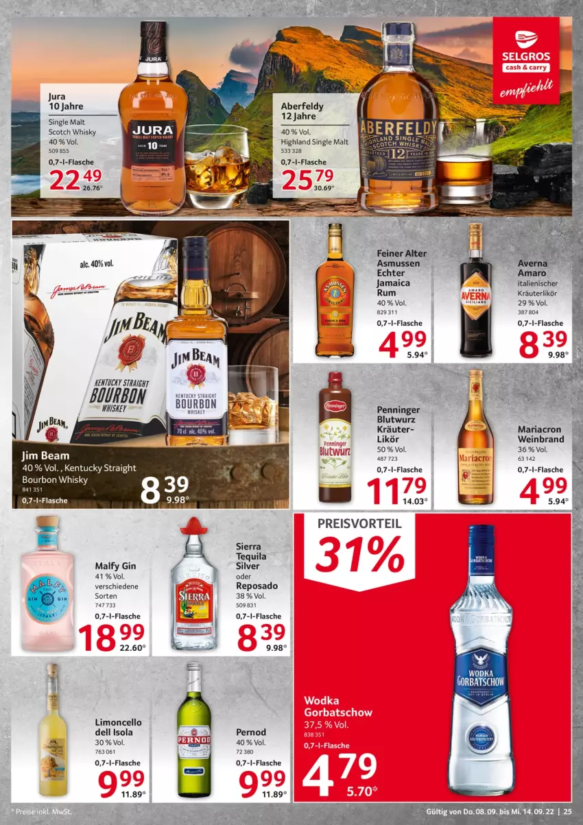 Aktueller Prospekt Selgros - Food - von 08.09 bis 14.09.2022 - strona 25 - produkty: amaro, bett, bourbon, dell, eis, flasche, gin, Jura, kentucky straight, kräuter, kräuterlikör, likör, limo, mariacron, preisvorteil, reis, Ria, rum, scotch, scotch whisky, Sierra, sierra tequila, single malt, tequila, tuc, wein, weinbrand, whiskey, whisky, wodka