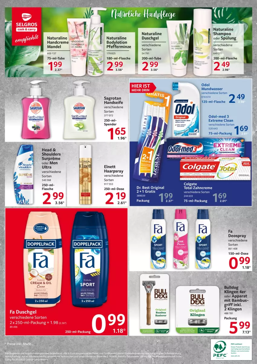 Aktueller Prospekt Selgros - Food - von 08.09 bis 14.09.2022 - strona 32 - produkty: bambus, body, bodylotion, Bulldog, colgate, creme, decke, deo, deospray, duschgel, elnett, flasche, gin, handcreme, Handseife, LG, Lotion, mandel, minze, mundwasser, natur, natura, Odol, Odol-med 3, pfeffer, pfefferminze, Rana, sagrotan, Seife, shampoo, spülung, Ti, wasser, zahncreme