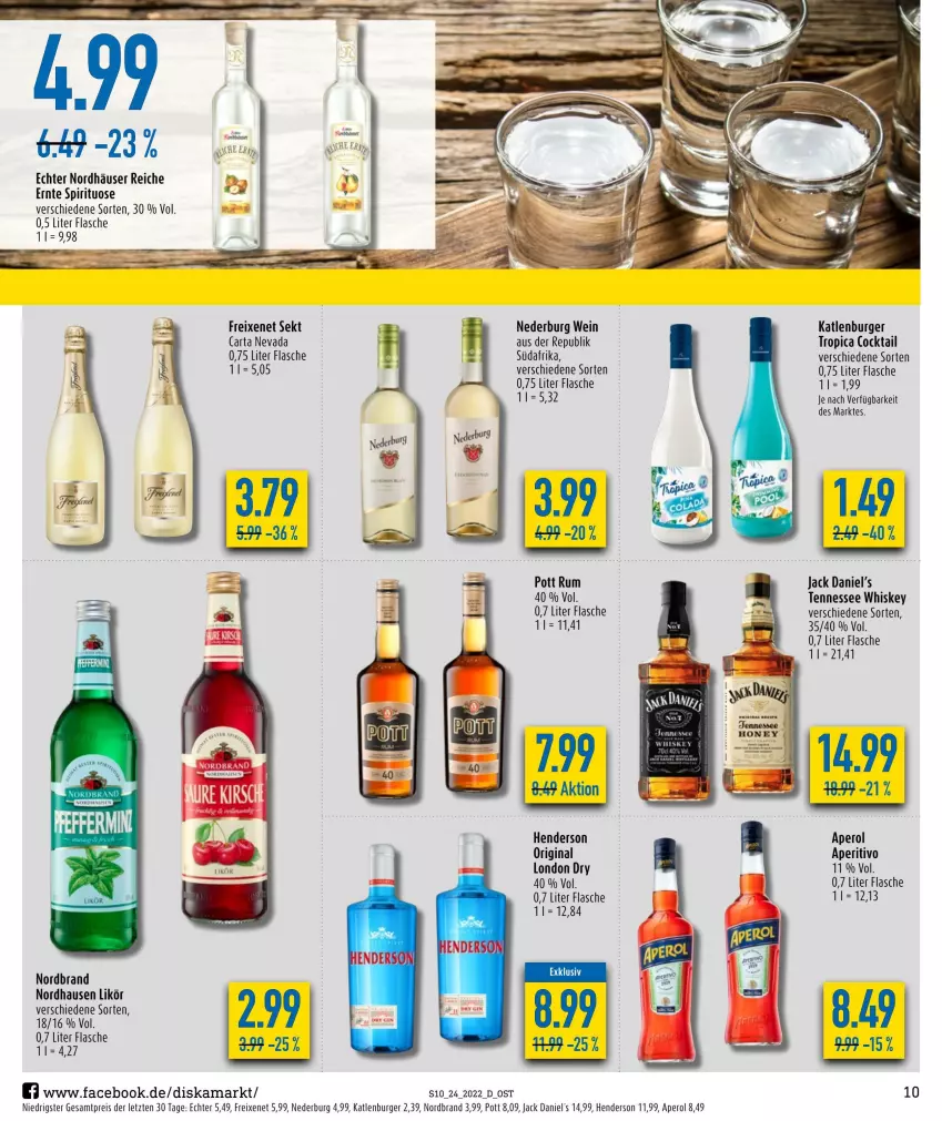 Aktueller Prospekt Diska - Prospekte - von 13.06 bis 18.06.2022 - strona 10 - produkty: aperol, burger, cocktail, eis, enders, flasche, freixenet, gin, jack daniel, jack daniel's, Jack Daniel’s, katlenburger, likör, london dry, nederburg, nordbrand, reis, rum, sekt, tennessee whiskey, Ti, wein, whiskey, ZTE