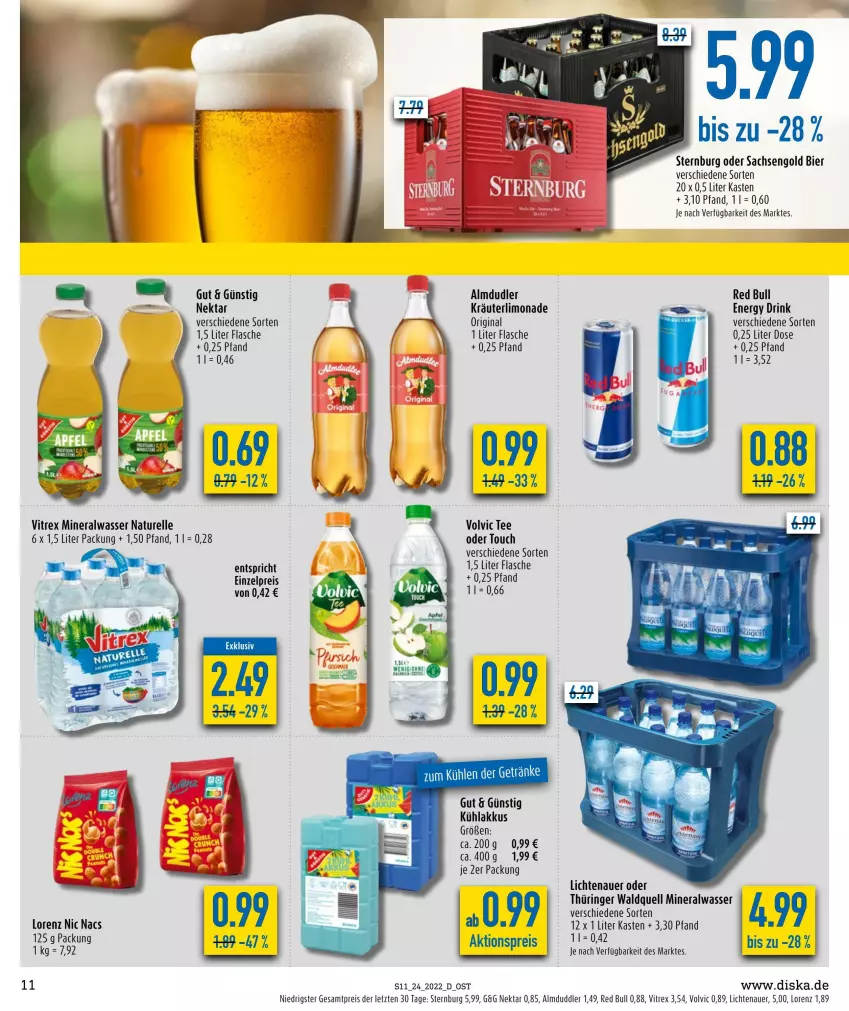 Aktueller Prospekt Diska - Prospekte - von 13.06 bis 18.06.2022 - strona 11 - produkty: akku, aktionspreis, almdudler, Alwa, auer, bier, drink, eis, elle, energy drink, flasche, gin, kräuter, kühlakku, kühlakkus, lichtenauer, limo, limonade, lorenz, mineralwasser, natur, Nektar, red bull, reis, rel, ring, sac, Sternburg, tee, Ti, vitrex, volvic, wasser, ZTE