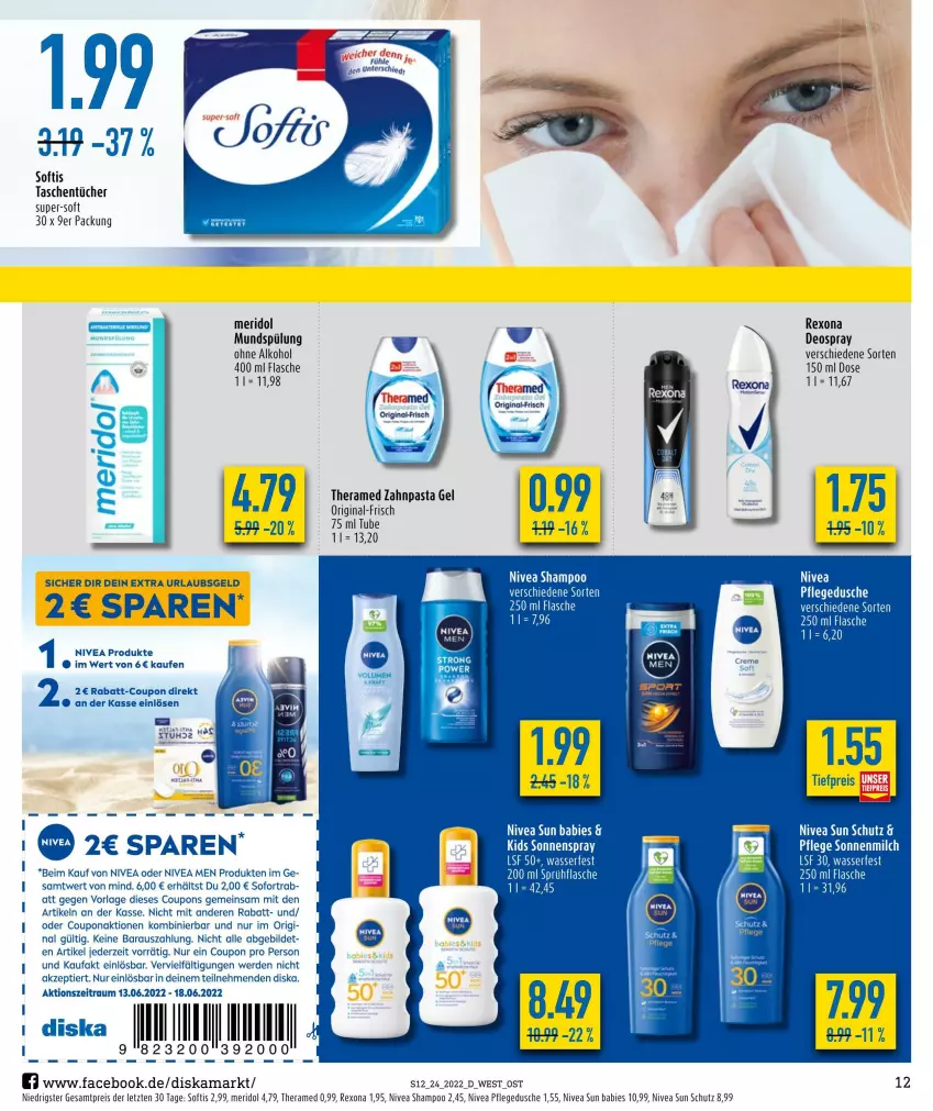 Aktueller Prospekt Diska - Prospekte - von 13.06 bis 18.06.2022 - strona 12 - produkty: alkohol, coupon, coupons, deo, deospray, dusche, eis, Elan, erde, flasche, gin, LG, meridol, milch, mundspülung, nivea, Nivea Men, nivea sun, ohne alkohol, pasta, pflegedusche, rabatt-coupon, reis, rexona, shampoo, sonnenmilch, sonnenspray, sprühflasche, spülung, Tasche, taschen, taschentücher, theramed, Ti, tiefpreis, tücher, wasser, zahnpasta, ZTE