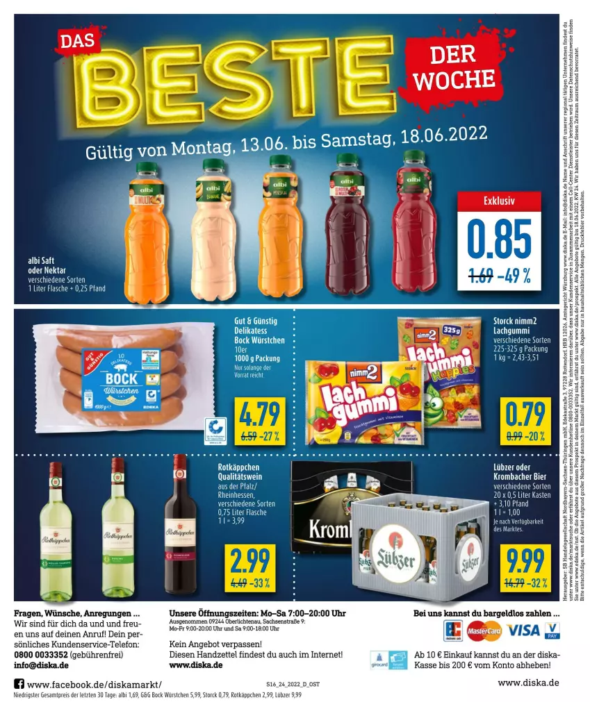 Aktueller Prospekt Diska - Prospekte - von 13.06 bis 18.06.2022 - strona 16 - produkty: angebot, angebote, Astra, bier, deka, eis, ente, flasche, krombache, krombacher, Lübzer, nimm2, qualitätswein, reis, Ria, ring, rotkäppchen, sac, storck, telefon, Ti, uhr, vita, Vitamine, wein, würstchen, Zelt, ZTE