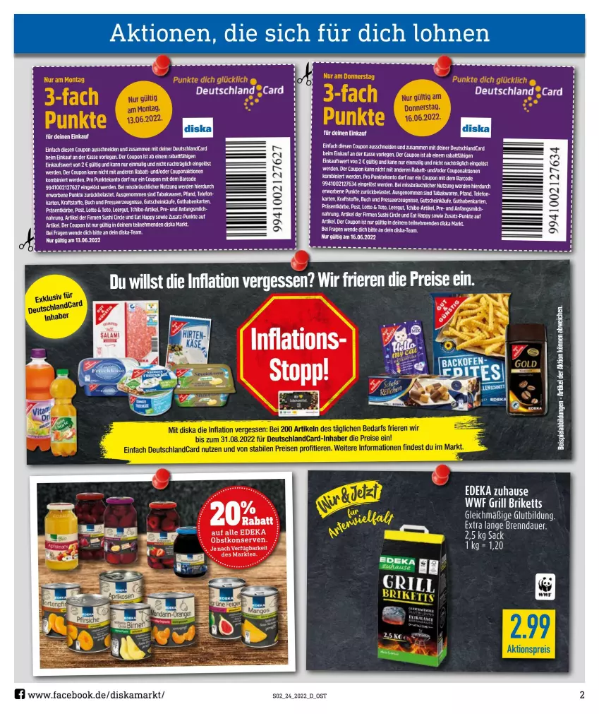 Aktueller Prospekt Diska - Prospekte - von 13.06 bis 18.06.2022 - strona 2 - produkty: auer, buch, coupon, deka, deutschlandcard, eis, erde, guthabenkarte, gutschein, Konserven, kraft, milch, obst, reis, ritter, sac, Sushi, Tchibo, tee, telefon, Ti