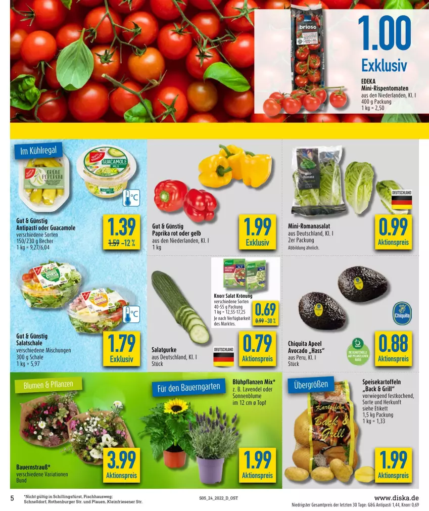 Aktueller Prospekt Diska - Prospekte - von 13.06 bis 18.06.2022 - strona 5 - produkty: aktionspreis, antipasti, asti, auer, avocado, Bau, Bauer, Becher, blume, burger, chiquita, deka, eis, fisch, grill, guacamole, gurke, HP, kartoffel, kartoffeln, knorr, lavendel, mini-rispentomaten, paprika, paprika rot, pflanze, pflanzen, reis, Ria, rispentomaten, Romanasalat, salat, Salatgurke, Schal, Schale, sonnenblume, speisekartoffeln, Ti, tomate, tomaten, topf, ZTE