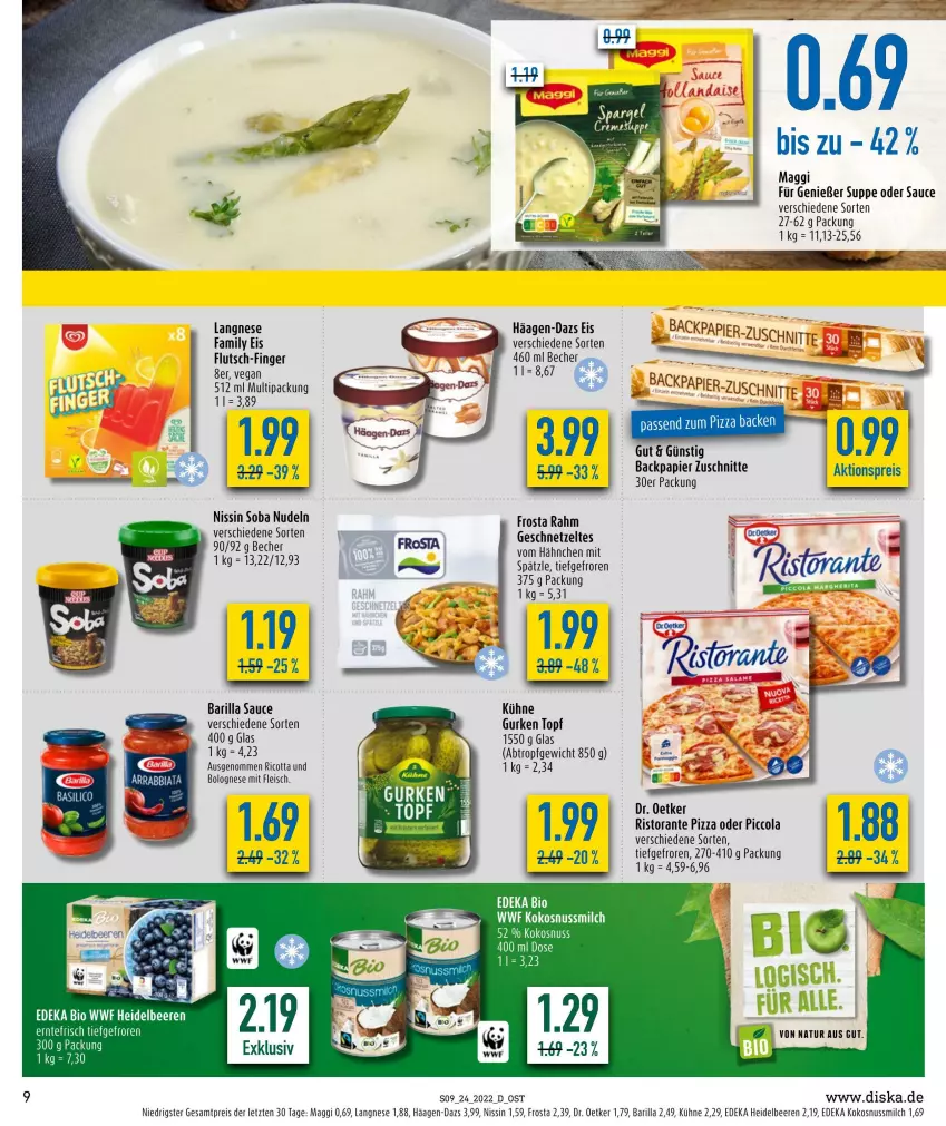 Aktueller Prospekt Diska - Prospekte - von 13.06 bis 18.06.2022 - strona 9 - produkty: barilla, Becher, beere, beeren, bio, bolognese, cola, deka, Dr. Oetker, edeka bio, eis, fleisch, frosta, geschnetzeltes, gurke, gurken, häagen-dazs, heidelbeere, heidelbeeren, kokos, kokosnuss, Kokosnussmilch, Kühne, langnese, maggi, milch, natur, Nissin, nudel, nudeln, nuss, papier, pizza, reis, ricotta, ristorante, ristorante pizza, sauce, suppe, Ti, topf, Zelt, ZTE