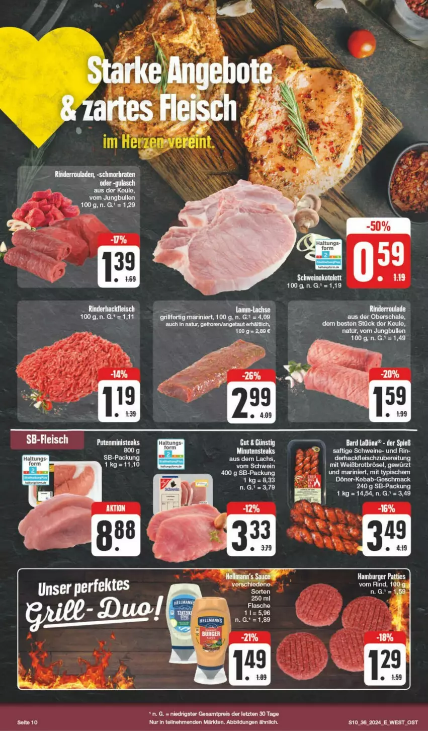 Aktueller Prospekt Edeka - Prospekte - von 31.08 bis 07.09.2024 - strona 10 - produkty: Bau, braten, brot, eier, eis, fleisch, gewürz, hackfleisch, jungbullen, lachs, lamm, mac, minutensteaks, natur, pute, reis, rind, rinder, rinderhackfleisch, Rinderroulade, rinderrouladen, rouladen, schmorbraten, steak, steaks, tee, torte, ZTE