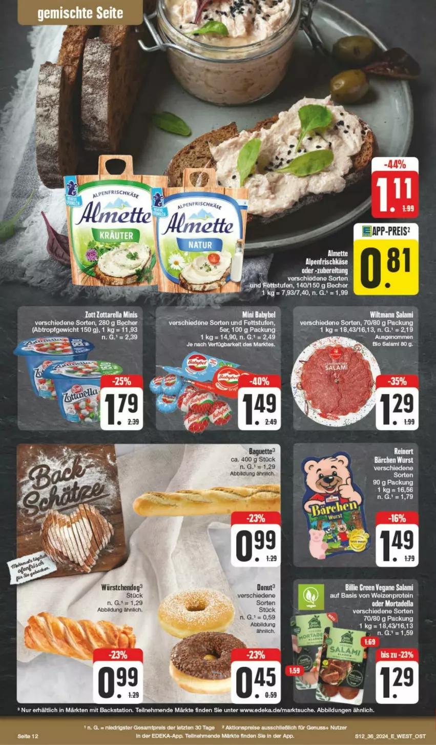 Aktueller Prospekt Edeka - Prospekte - von 31.08 bis 07.09.2024 - strona 12 - produkty: babybel, Becher, deka, Donut, mini babybel, salami, Ti, wiltmann, würstchen