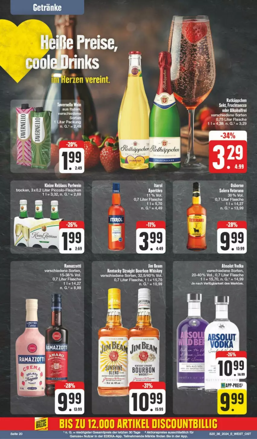 Aktueller Prospekt Edeka - Prospekte - von 31.08 bis 07.09.2024 - strona 20 - produkty: Absolut Vodka, eis, flasche, reis, Ti, vodka, whiskey