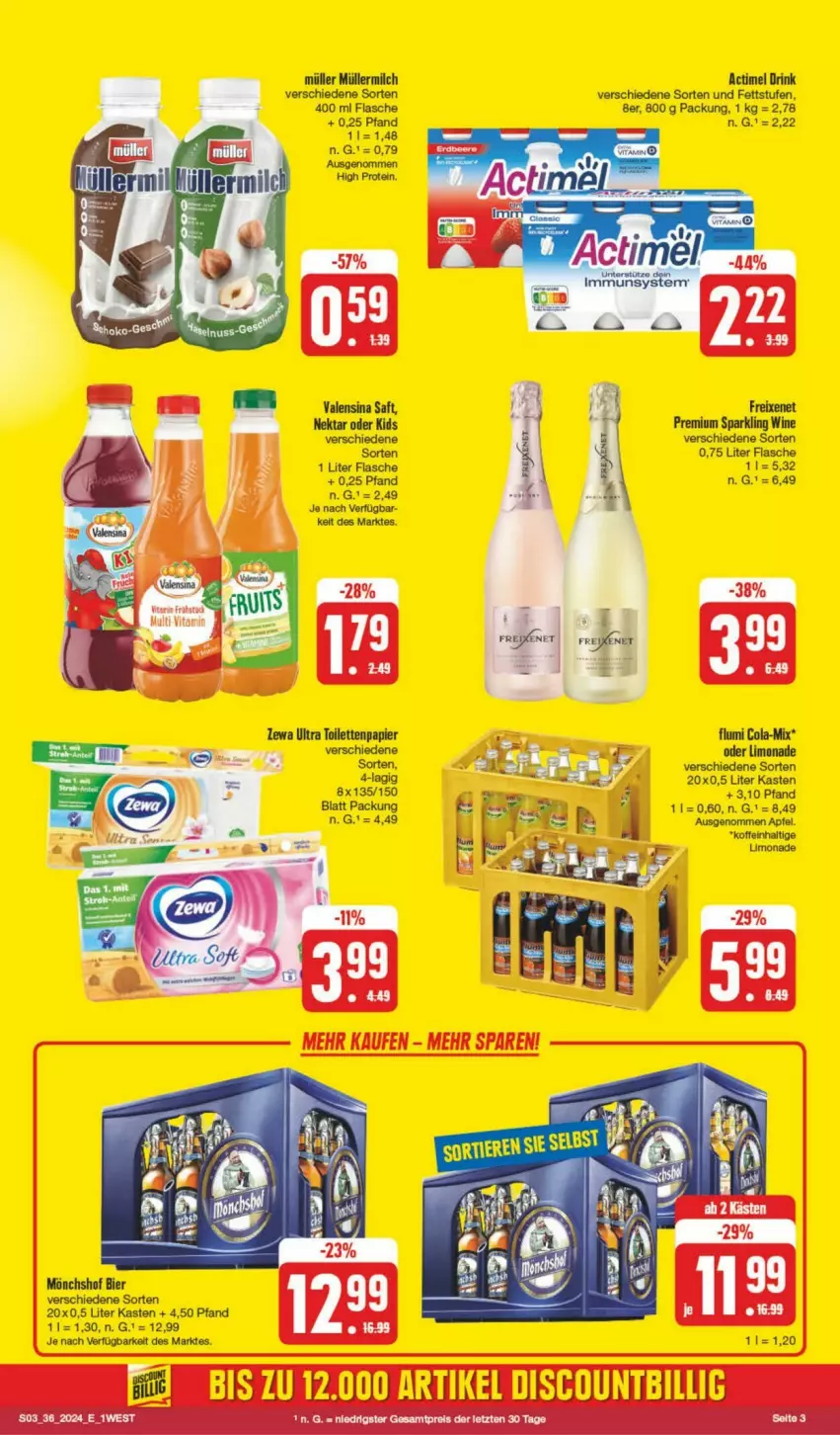 Aktueller Prospekt Edeka - Prospekte - von 31.08 bis 07.09.2024 - strona 3 - produkty: actimel, actimel drink, apfel, bier, cola, drink, flasche, freixenet, limo, limonade, milch, mönchshof, Müller, müllermilch, Nektar, papier, saft, Ti, toilettenpapier, valensina, Yo