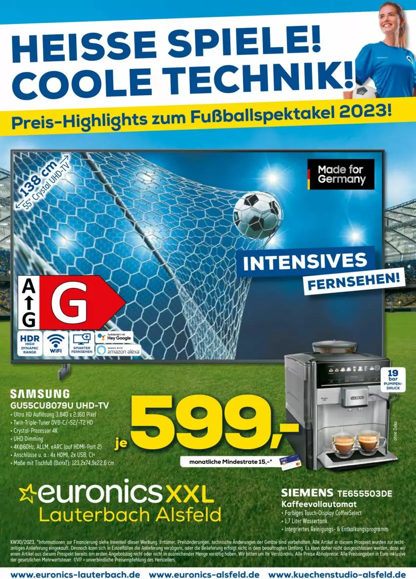 Aktueller Prospekt Euronics - Prospekte - von 22.07 bis 30.07.2023 - strona 1 - produkty: abholpreise, angebot, ball, dvb, eis, elle, ente, erde, Fußball, Germ, HDMI, LG, Loewe, reis, rwe, Spiele, teller, Ti, tisch, tuner, uhd, UHD-TV, usb