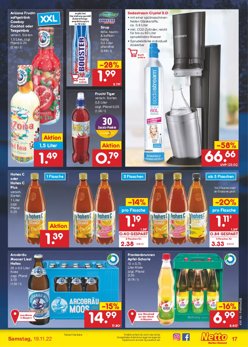 Aktueller Prospekt Netto Marken-Discount - Filial-Angebote - von 14.11 bis 19.11.2022 - strona 17 - produkty: angebot, apfel, bestpreis, brunnen, cocktail, eis, elle, flasche, frucht, fruchtsaft, fruchtsaftgetränk, getränk, glaskaraffe, Hohes C, Karaffe, reis, saft, schorle, sirup, Soda, sodastream, Sprudel, spülmaschinen, tee, Ti, wasser, ZTE