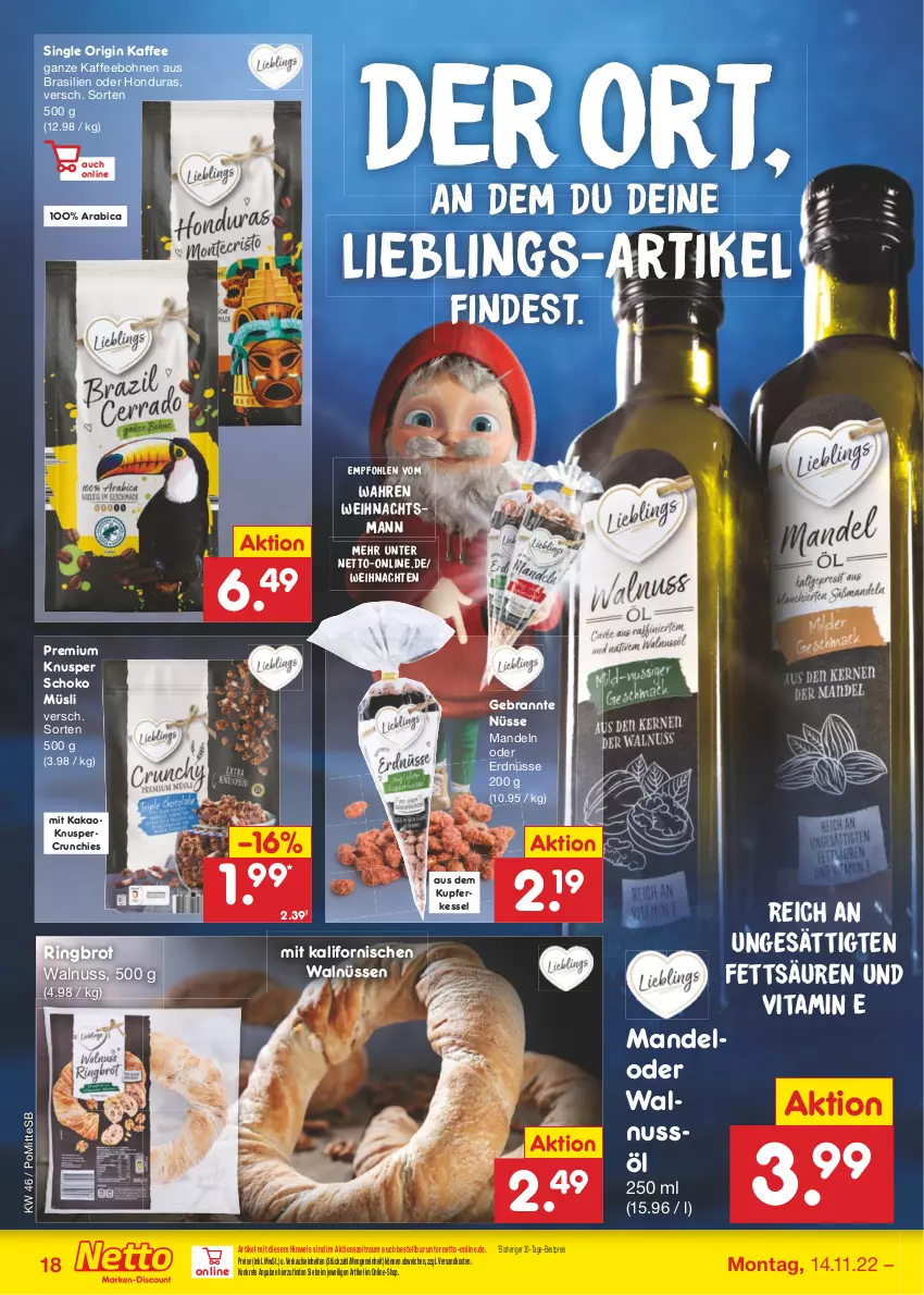 Aktueller Prospekt Netto Marken-Discount - Filial-Angebote - von 14.11 bis 19.11.2022 - strona 18 - produkty: bestpreis, bohne, bohnen, brot, eis, erdnüsse, gin, kaffee, kaffeebohnen, kakao, mandel, mandeln, müsli, ndk, nuss, reis, ring, schoko, Ti, vita, walnuss, weihnachten