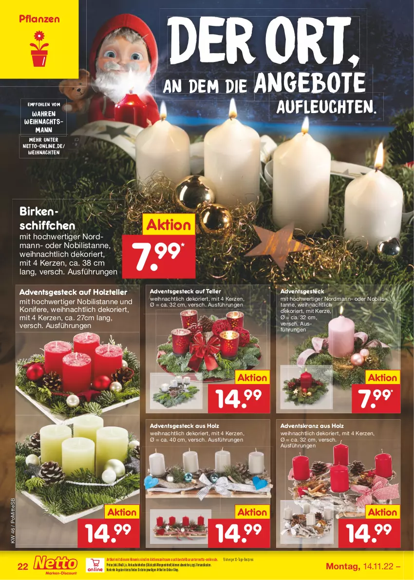 Aktueller Prospekt Netto Marken-Discount - Filial-Angebote - von 14.11 bis 19.11.2022 - strona 22 - produkty: Adventskranz, angebot, angebote, bestpreis, eis, elle, Holz, kerze, Konifere, Kranz, Leuchte, leuchten, ndk, pflanze, pflanzen, reis, Schiffchen, teller, Ti, weihnachten, ZTE