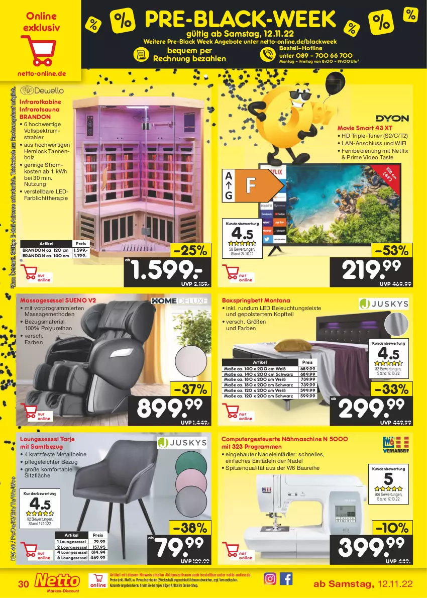 Aktueller Prospekt Netto Marken-Discount - Filial-Angebote - von 14.11 bis 19.11.2022 - strona 30 - produkty: angebot, angebote, Bau, beleuchtung, bett, black week, boxspringbett, computer, deo, eis, elle, fernbedienung, Holz, lack, loungesessel, montana, Nähmaschine, ndk, netflix, pute, reis, Ria, ring, rum, sessel, Spektrum, spitzenqualität, telefon, Ti, tuner, uhr