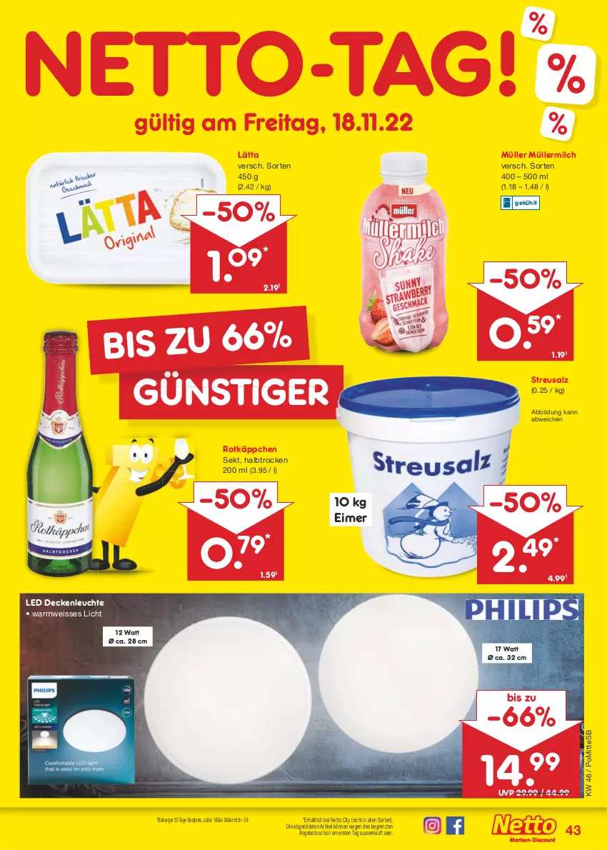 Aktueller Prospekt Netto Marken-Discount - Filial-Angebote - von 14.11 bis 19.11.2022 - strona 43 - produkty: angebot, bestpreis, decke, deckenleuchte, eimer, eis, lätta, LED Deckenleuchte, Leuchte, milch, Müller, müllermilch, reis, rotkäppchen, salz, sekt, Ti, ZTE