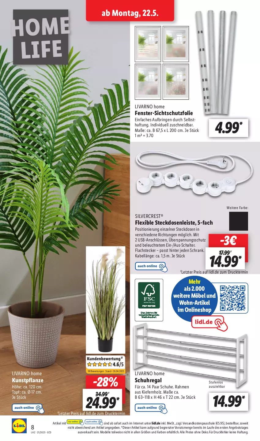 Aktueller Prospekt Lidl - Aktionsprospekt - von 22.05 bis 27.05.2023 - strona 10 - produkty: angebot, dell, eis, elle, fenster, Holz, Kunstpflanze, lachs, Leuchte, möbel, Mode, ndk, paar schuhe, pflanze, regal, reis, ring, Schal, Schale, Schrank, schuhe, schuhregal, silvercrest, steckdose, Steckdosenleiste, Ti, topf, uhr, usb, ZTE