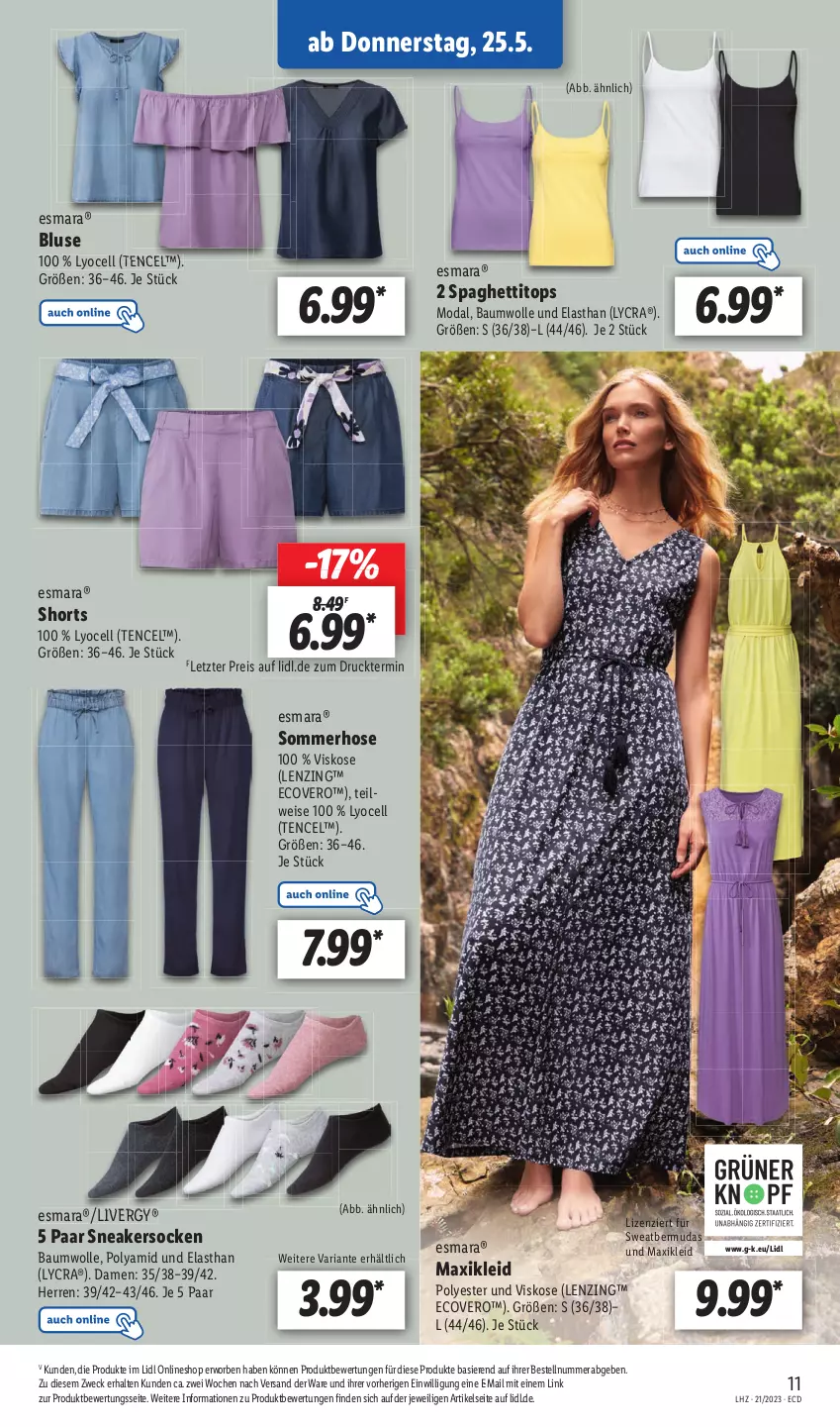 Aktueller Prospekt Lidl - Aktionsprospekt - von 22.05 bis 27.05.2023 - strona 13 - produkty: Bau, baumwolle, bermuda, bermudas, bluse, ecovero, eis, esmara, hose, kleid, lenzing, livergy, maxikleid, reis, Ria, shorts, sneaker, sneakersocken, socken, spaghetti, Ti, weck, wolle, Yo, ZTE