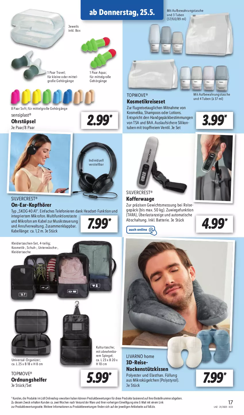 Aktueller Prospekt Lidl - Aktionsprospekt - von 22.05 bis 27.05.2023 - strona 19 - produkty: aqua, aufbewahrungstasche, auto, batterie, eis, gefu, Headset, kissen, kleid, kleider, koffer, Kofferwaage, kopfhörer, kosmetik, leine, LG, Lotion, nackenstützkissen, reis, Reiseset, Schal, shampoo, silvercrest, spiegel, Tasche, taschen, telefon, Ti, tisch, Unterwäsche, Waage, weck