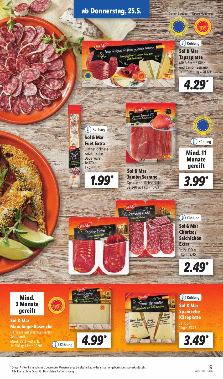 Aktueller Prospekt Lidl - Aktionsprospekt - von 22.05 bis 27.05.2023 - strona 21 - produkty: angebot, auer, chorizo, eis, hartkäse, jamón serrano, Käse, latte, Manchego, milch, reis, rohschinken, schinken, serrano, Tapas, Ti, wurst, ZTE