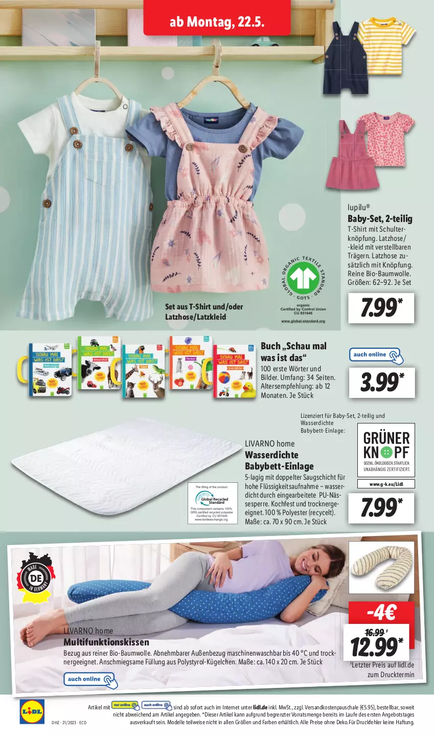 Aktueller Prospekt Lidl - Aktionsprospekt - von 22.05 bis 27.05.2023 - strona 6 - produkty: angebot, Bau, baumwolle, bett, bio, bio-baumwolle, buch, dell, eis, elle, Ergee, hose, kissen, kleid, Latzhose, lupilu, Mode, ndk, reis, Schal, Schale, shirt, T-Shirt, Ti, Trockner, wasser, wolle, ZTE