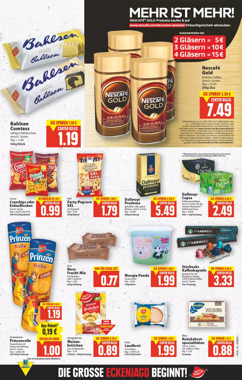 Aktueller Prospekt E Center - Angebote der Woche - von 22.08 bis 27.08.2022 - strona 10 - produkty: bahlsen, beutel, bohne, bohnen, brot, brötchen, chips, comtess, cranberry, creme, crunchips, dallmayr, de beukelaer, Doppelkekse, eimer, eis, ente, espresso, flakes, frucht, gin, Gläser, gutschein, kaffee, kaffeekapseln, kaffeemaschine, kakao, karamell, keks, kekse, knäckebrot, korn, kuchen, LG, lorenz, lorenz crunchips, löslicher kaffee, mab, mac, nescafe, nespresso, popcorn, prinzenrolle, prodomo, saft, schoko, snack, Spezi, starbucks, Ti, wasa, zucker